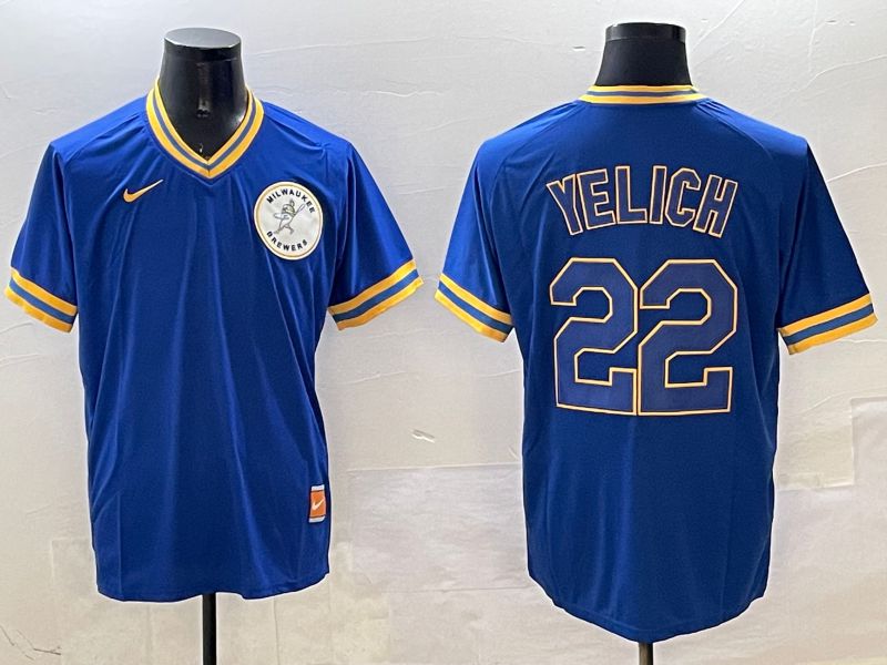 Men Milwaukee Brewers #22 Yelich Blue Throwback Game 2025 Nike MLB Jersey style 1